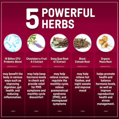 Hormone Balance + Probiotics for Women- Natural Menopause Relief, Weight Management, Bloating, Hot Flashes, PMS | Organic Maca, Chasteberry, Dong Quai & Black Cohosh | Non GMO |120 V Capsules - Maple Wellness Supplements