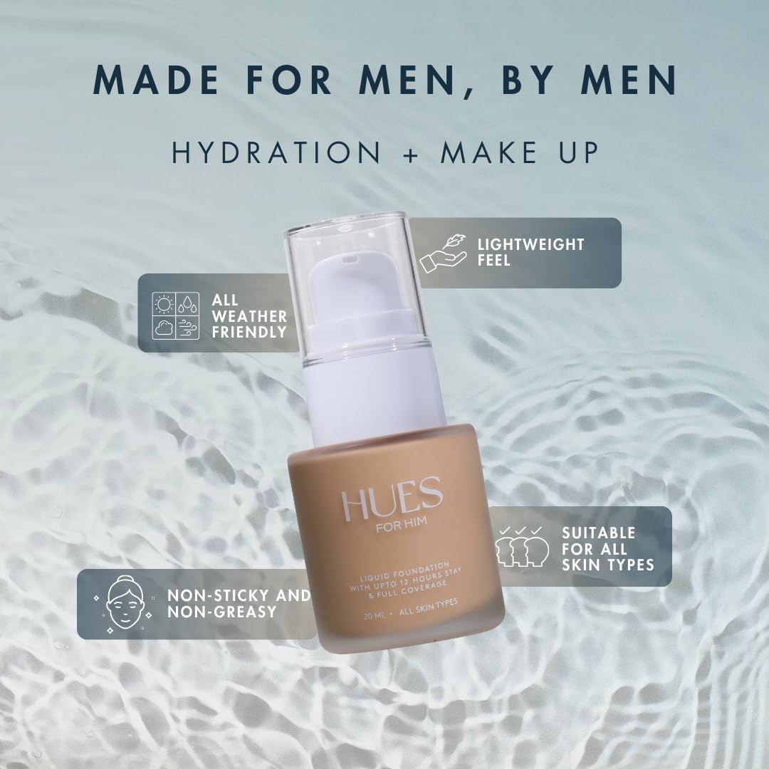 Hues for Him Foundation for Men – Full-Coverage, Lightweight & Hydrating Fit | Natural Coverage | Oil Control & Perfect Fit for Men’s Faces | Available in 4 Shades | Fresh Canvas, .67oz - Maple Wellness Supplements