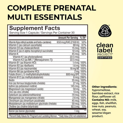 HUM Complete Prenatal Multivitamin for Women with Folate, DHA, and Choline, 23 Nutrients for Daily Support, Gluten Free, Non GMO Supplement for Pre, During, and Post Pregnancy, 30 Vegan Capsules - Maple Wellness Supplements