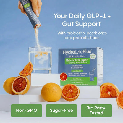 Hydralyte Plus Metabolic Support - GLP-1 Weight Loss Management and Gut Health - 5in1 Probiotic Blend - Akkermansia Muciniphila + Prebiotic Fiber + Electrolytes - Sugar Free (30 Packets) - Maple Wellness Supplements