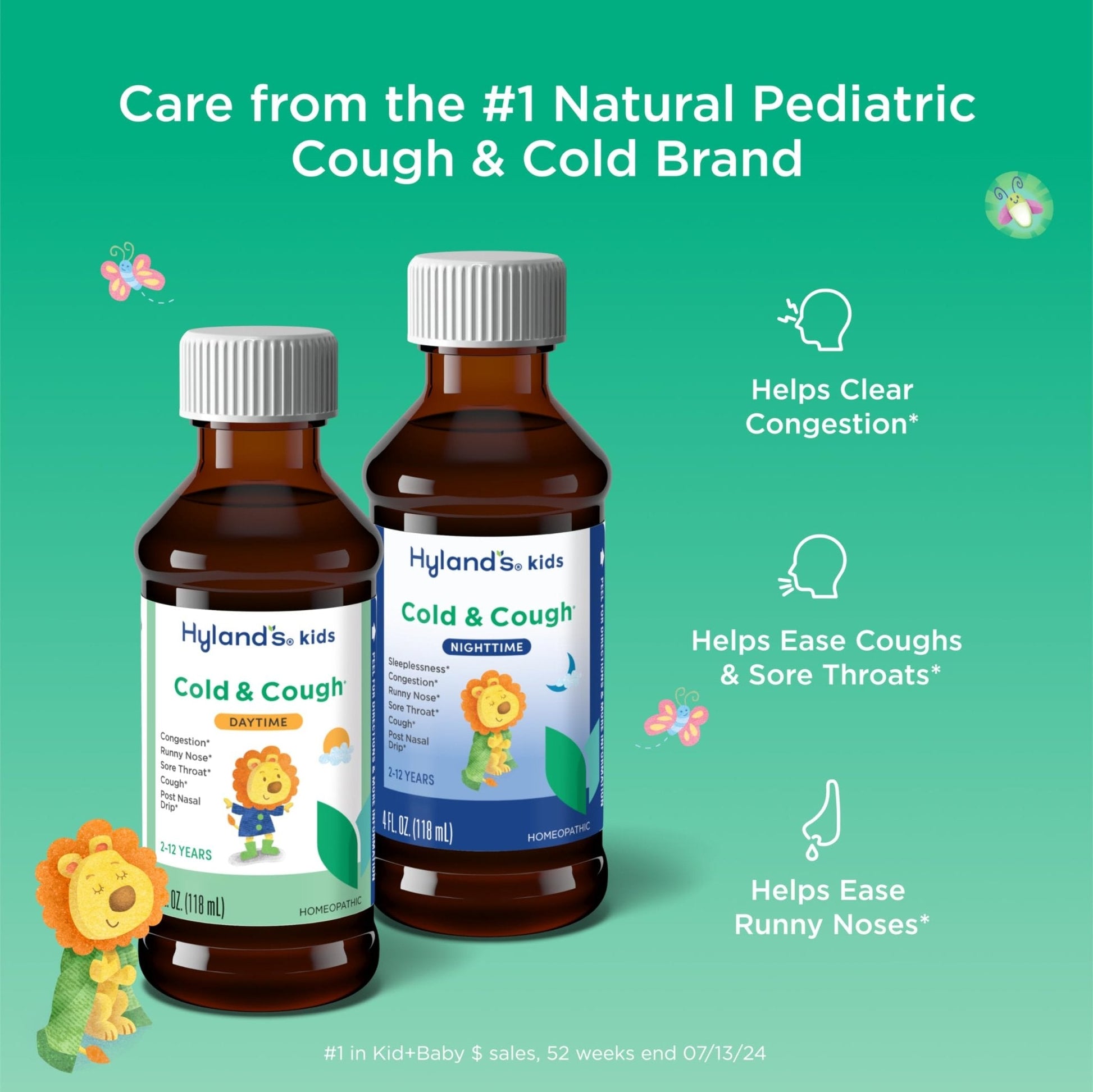 Hyland's Kids Cold and Cough, Day and Night Combo Pack, Cold Medicine for Ages 2 and up, Syrup Cough Medicine for Kids, Nasal Decongestant, 4 Fl Oz (Pack of 2) - Maple Wellness Supplements