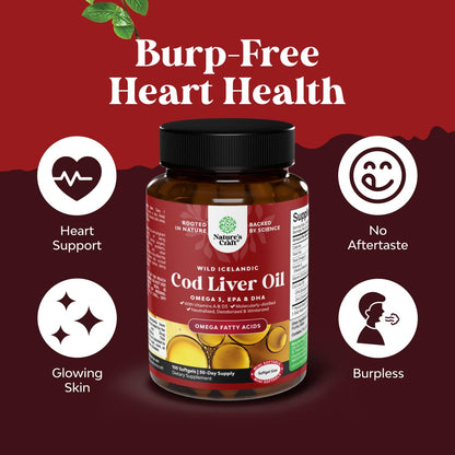 Icelandic Wild Caught Cod Liver Oil Softgels - Fish Omega 3, EPA, DHA, Vitamin D & A, 1000mg Per Serving - Burpless Capsules for Heart - Maple Wellness Supplements