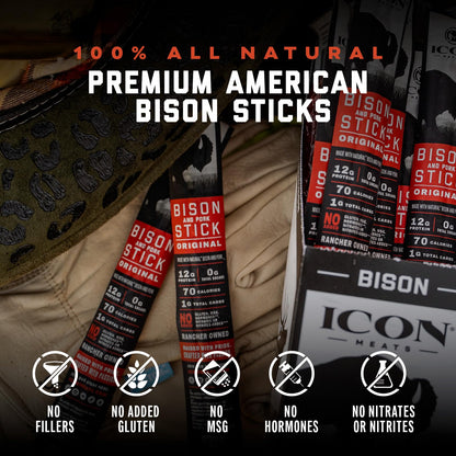 ICON Meats Bison and Pork Snack Sticks, Original Flavor, 24 Pack of High Protein Snacks, Sugar Free, Natural Jerky Meat Sticks, Gluten Free, USDA Inspected, Made in USA, Gifts for Him - Maple Wellness Supplements