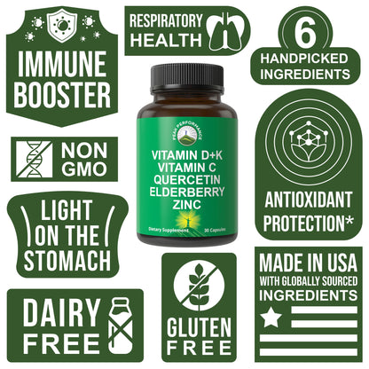 Immune Support Supplement with 6 Top Ingredients. Vitamin D3 K2 + Vitamin C + Elderberry + Zinc + Quercetin. Includes 5000 IU Vitamin D. Immunity Capsules. Supplements for Women and Men - Maple Wellness Supplements