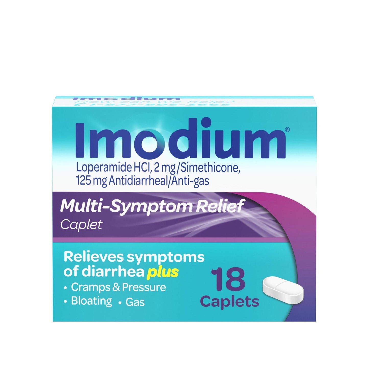 Imodium Multi-Symptom Relief Caplets, Loperamide Hydrochloride & Simethicone Anti-Diarrheal Medicine for the Relief of Diarrhea, Gas, Bloating, Cramps & Pressure, 18 ct - Maple Wellness Supplements