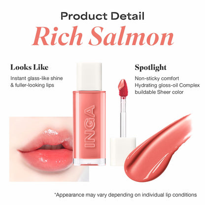 INGA Water Glow Lip Tint | Hydrating, Glossy Korean Lip Tint with Sheer Color & Glass-Like Shine | Long-Lasting, Non-Sticky Korean Lip Stain (RICH SALMON) - Maple Wellness Supplements