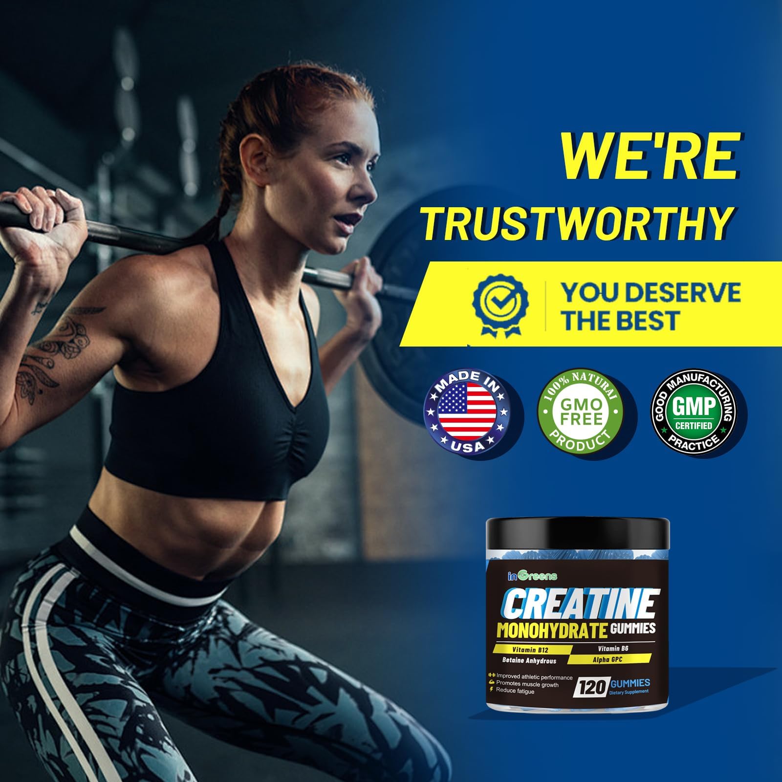 inGreens Creatine Monohydrate Gummies 6g per Serving, Sugar Free Creatine Supplements for Men & Women, Chewable Creatine for Muscle Growth, Strength, Energy - Maple Wellness Supplements