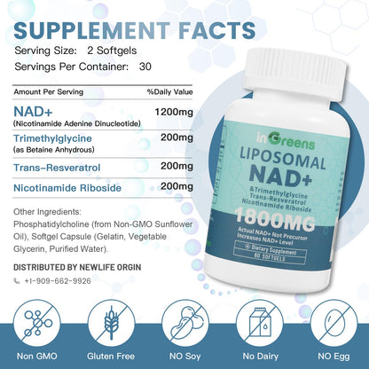 inGreens Liposomal NAD+ Supplement 1800 mg with Nicotinamide Riboside, Trans Resveratrol, Trimethylglycine，Replaces NMN, Boost NAD+, Aging Defense，Cellular Energy, 120 Softgels - Maple Wellness Supplements