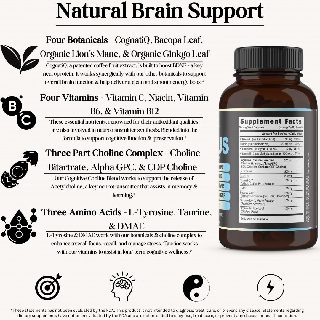 Inner Bounty Focus 14-in-1 Nootropic Brain Supplement with Lions Mane, Alpha GPC Choline, Vitamin C & B12, Taurine, Bacopa - Energy, Cognitive, Memory Support, 60 Filler Free Capsules - Maple Wellness Supplements