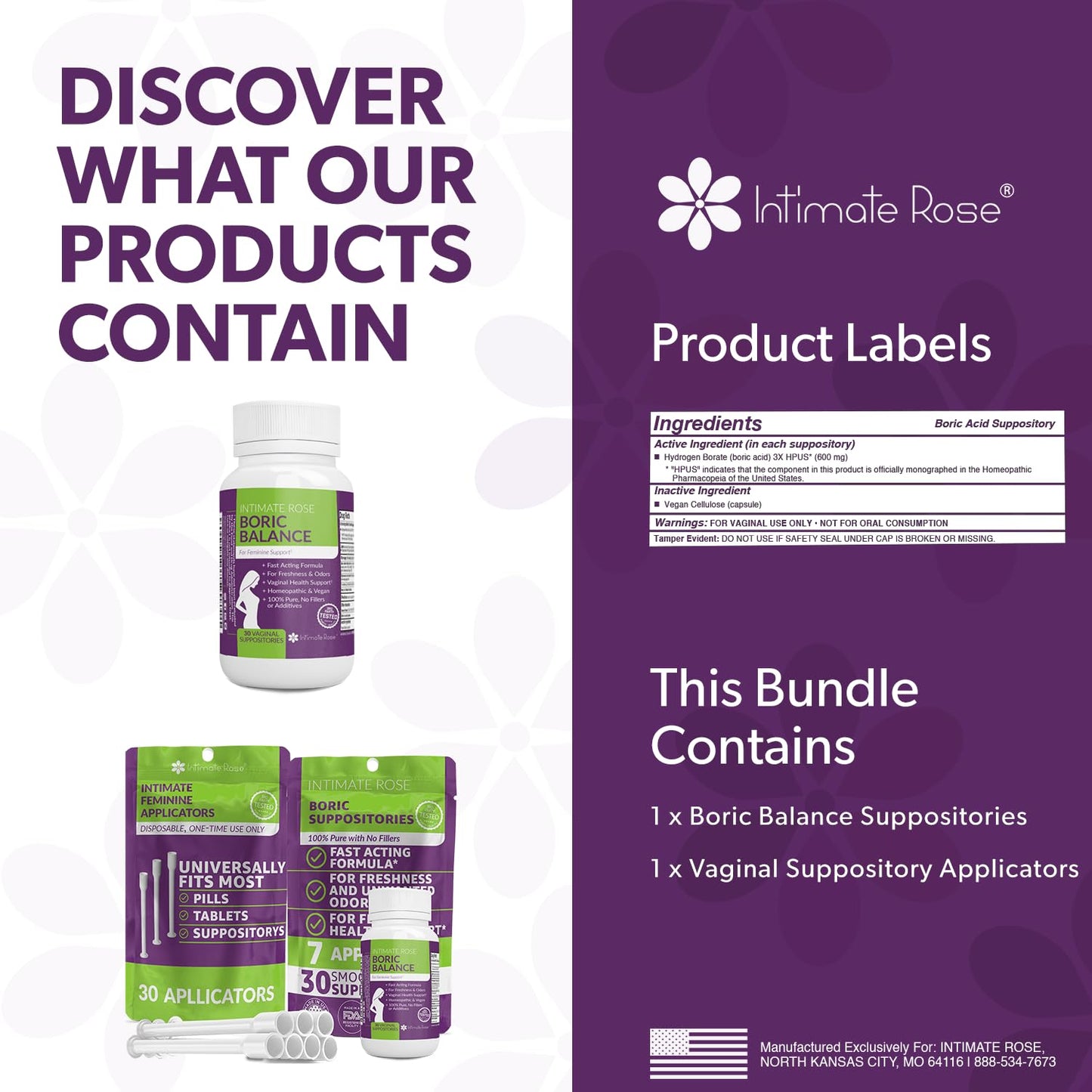 Intimate Rose Boric Acid Vaginal Suppositories - 30 Count (600mg) + 30 Applicators - Feminine Balance, Vaginal Odor, Promote Vaginal Health - Maple Wellness Supplements