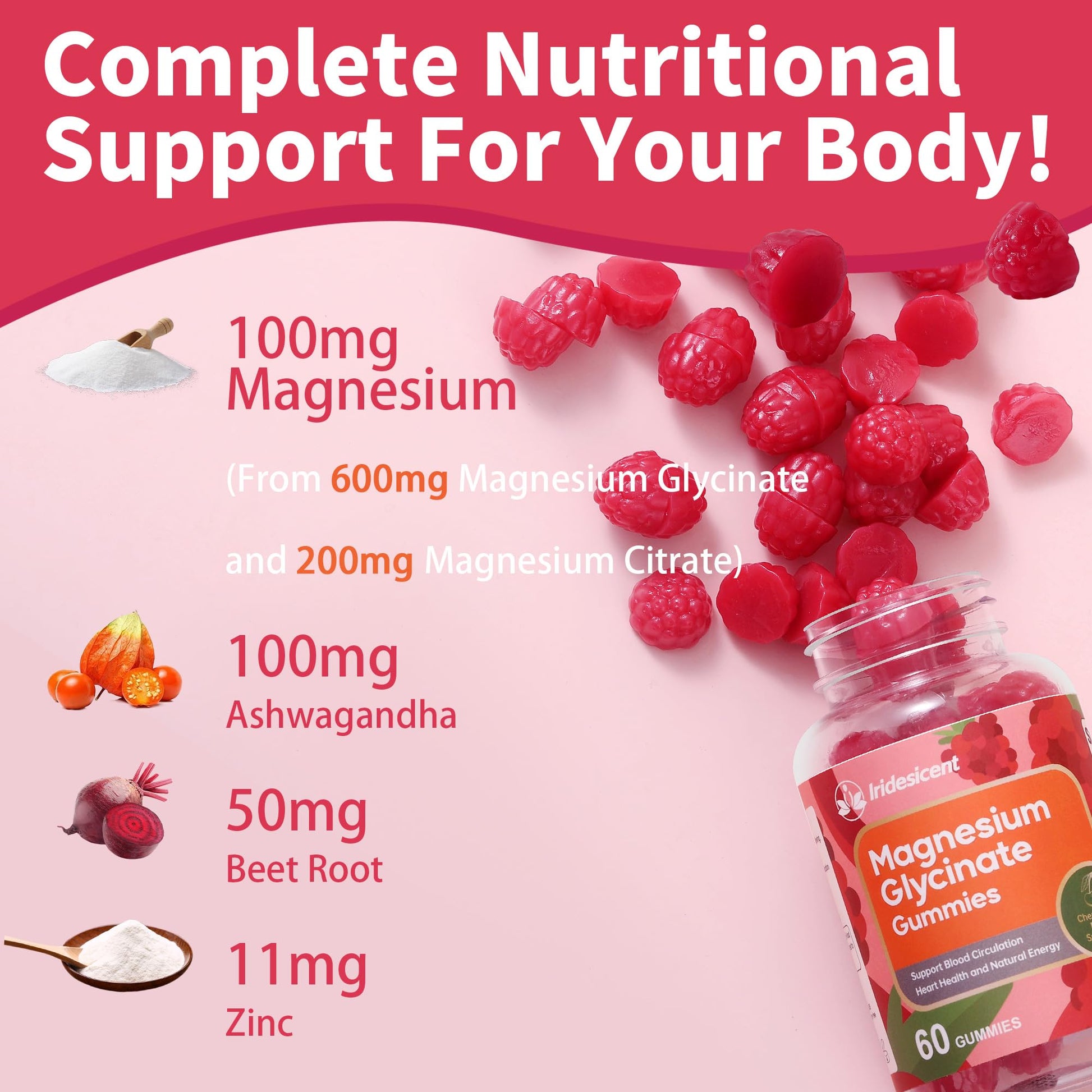 IRIDESICENT Magnesium Glycinate Gummies, Sugar Free Magnesium Supplement w/Ashwagandha, Zinc, Vegan Magnesium Glycinate Supplement for Adults - Maple Wellness Supplements