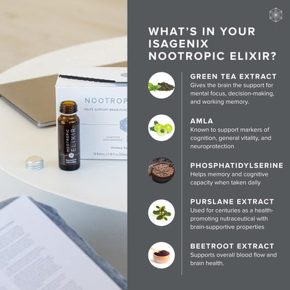 Isagenix Nootropic Elixir- Brain Health & Focus Supplement - Liquid Supplement with Green Tea Extract to Support a Healthy Mindset - 1.69 Oz Bottles (10 Count) - Maple Wellness Supplements