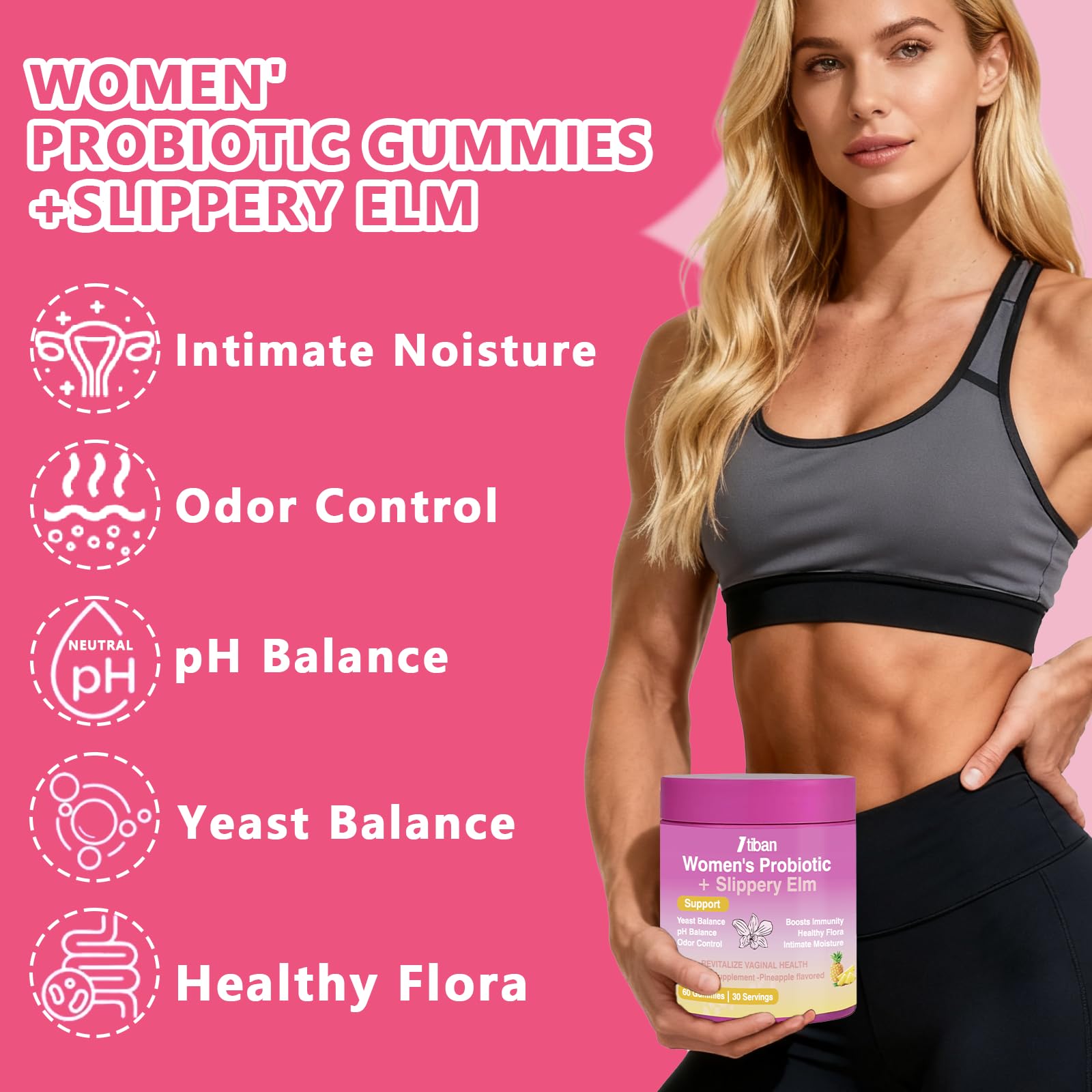 Itiban Feminine Vaginal Probiotics Gummies, Supports pH Balance & Digestive Health, Slippery Elm for Women, Suagr-Free - Maple Wellness Supplements
