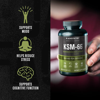 Jacked Factory Ashwagandha Root Extract (KSM-66 Ashwagandha) w/ 5% Withanolides - Supplement for Natural Stress Relief, Cognitive Function, Vitality, and Mood Support - 60 Veggie Capsules - Maple Wellness Supplements