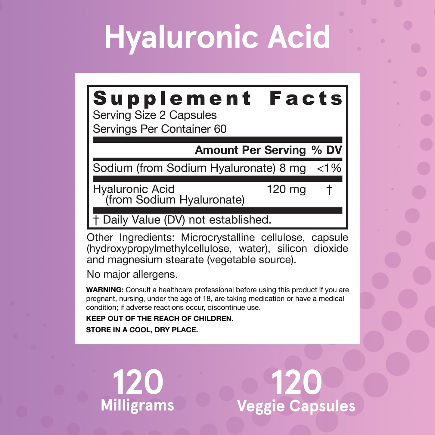 Jarrow Formulas® Hyaluronic Acid 120 mg, Dietary Supplement, Skin Health Support, 120 Veggie Capsules, Up to 60 Day Supply - Maple Wellness Supplements