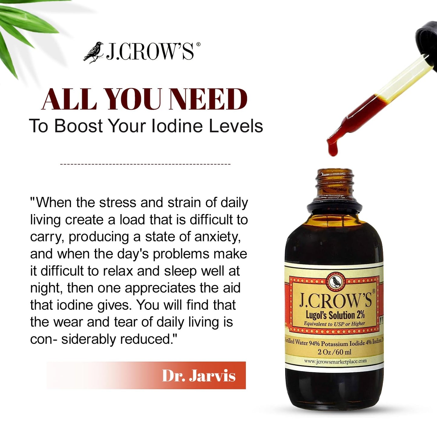 J.CROW'S® Lugol's Solution of Iodine 2% 2 oz (1 Bottle) – Premium Iodine & Potassium Iodide Liquid, Gluten - Maple Wellness Supplements