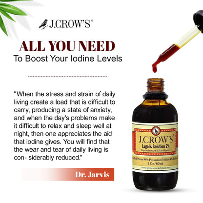 J.CROW'S® Lugol's Solution of Iodine 2% 2 oz (1 Bottle) – Premium Iodine & Potassium Iodide Liquid, Gluten & Alcohol-Free Natural Brine Extract, No Expiration - 1200 Drops - Maple Wellness Supplements