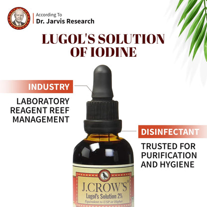 J.CROW'S® Lugol's Solution of Iodine 2% 2 oz (1 Bottle) – Premium Iodine & Potassium Iodide Liquid, Gluten & Alcohol-Free Natural Brine Extract, No Expiration - 1200 Drops - Maple Wellness Supplements