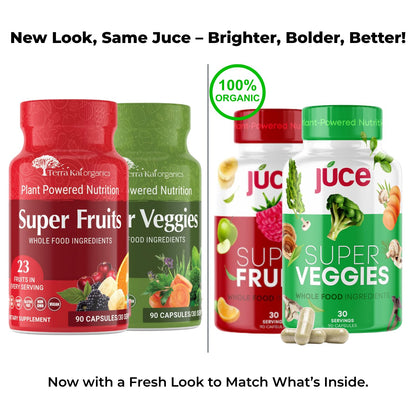 Juce Original Formula - Organic Super Fruit & Veggies Supplement - Gluten/Gelatin Free, Soy Free & Vegan- Reds & Greens Superfood Capsules- 23 Fruits & 23 Vegetables (180 Count)- By Terra Kai Organics - Maple Wellness Supplements