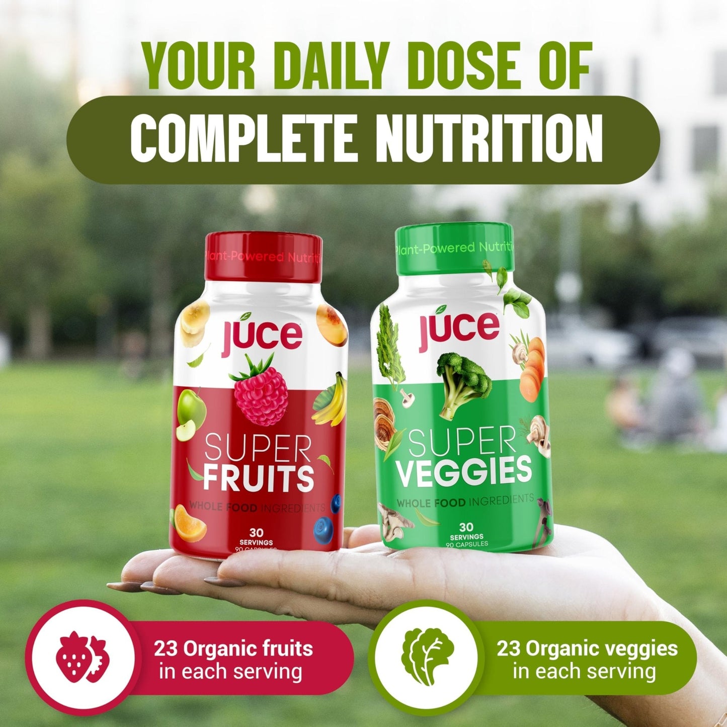 Juce Original Formula - Organic Super Fruit & Veggies Supplement - Gluten/Gelatin Free, Soy Free & Vegan- Reds & Greens Superfood Capsules- 23 Fruits & 23 Vegetables (180 Count)- By Terra Kai Organics - Maple Wellness Supplements