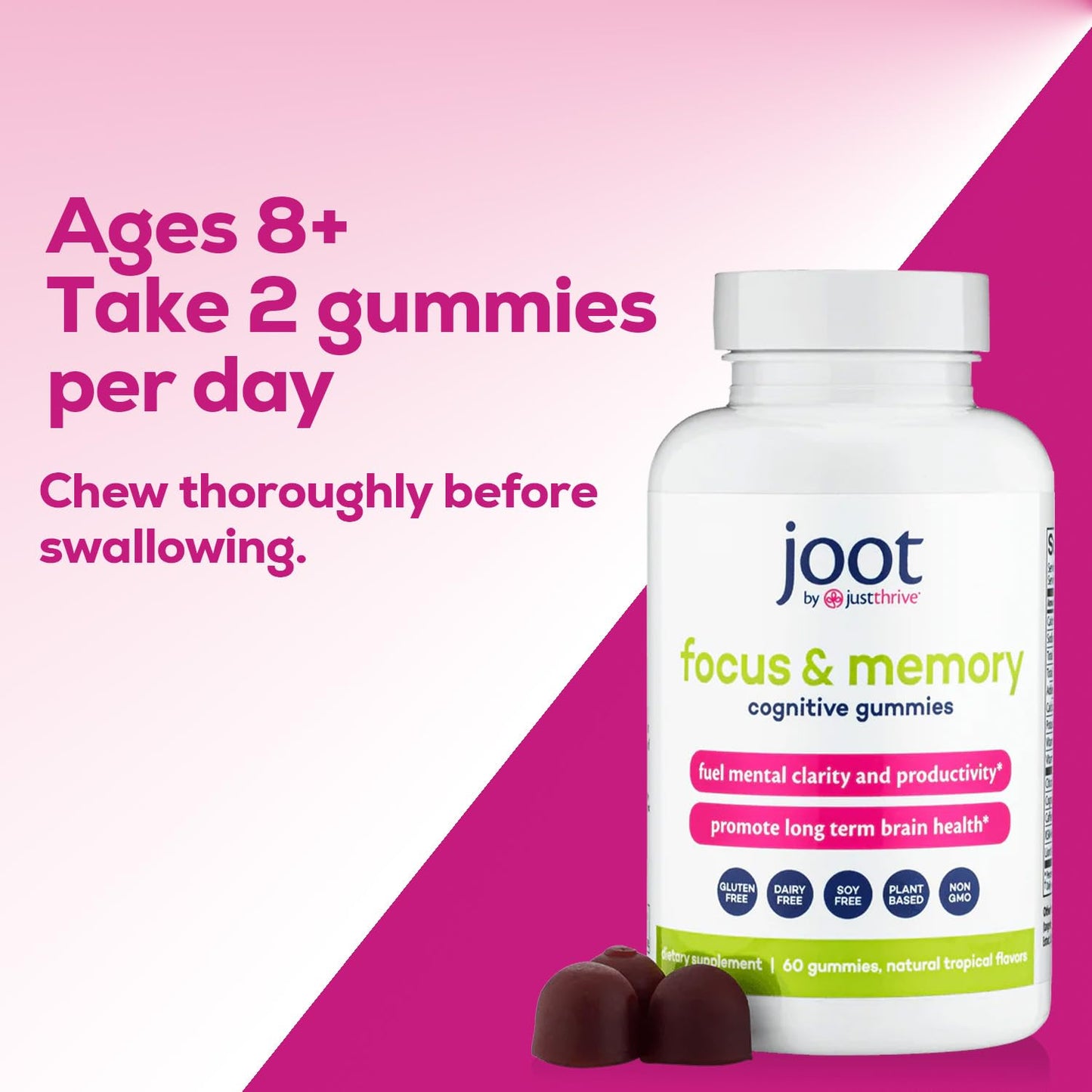 Just Thrive Focus & Memory Gummies – Nootropic Brain Supplement for Clarity, Concentration, Memory Support, & Energy – Citicoline, Lion’s Mane, Vitamin B12 & D3 - Maple Wellness Supplements