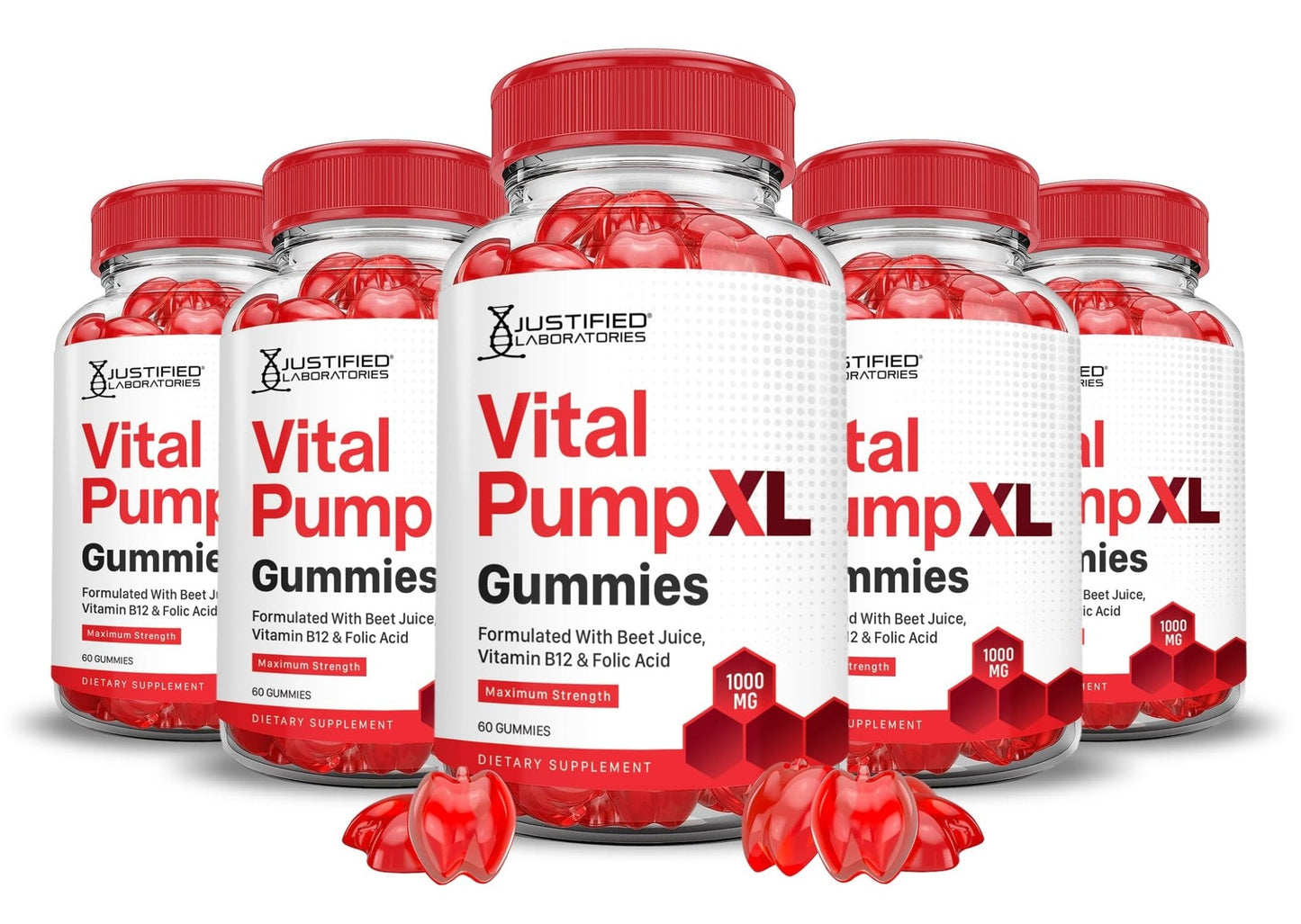 Justified Laboratories (5 Pack) Vital Pump XL Performance Gummies 1000MG Advanced Formula Vital PumpXL Formulated with Beet Juice ACV Pomegranate Beet Powder B12 Vegan Non GMO 300 Gummys - Maple Wellness Supplements