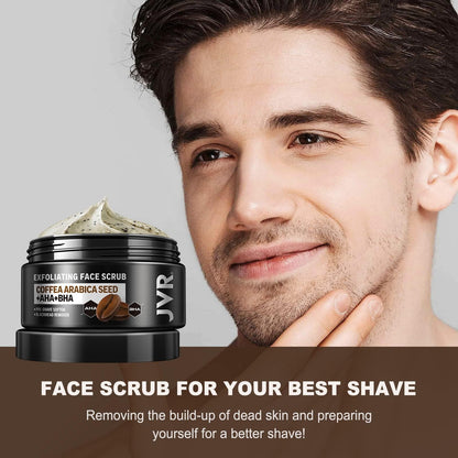 JVR Face Scrub for Men, Facial Scrub for Deep Exfoliating, Cleansing Blackheads, Ingrown Hair, Pre-shave Soften, Organic Formulated with Coffee Extract, AHA and BHA Face Exfoliator (4.23 oz) - Maple Wellness Supplements