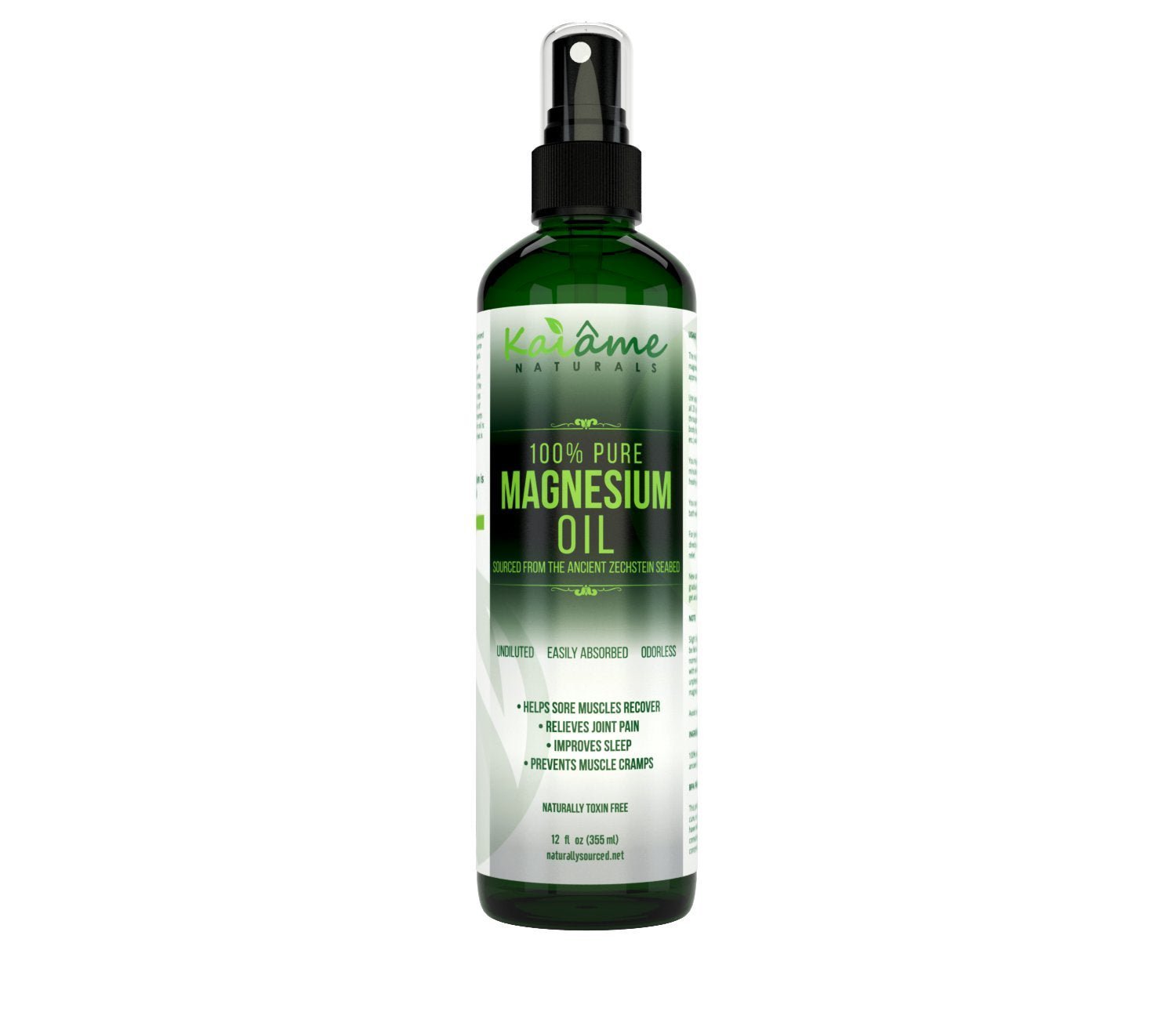Kaiame Naturals Magnesium Oil Spray, Large 12 oz, Undiluted, Pure and Organic, Sourced from Ancient Zechstein Seabed - Maple Wellness Supplements