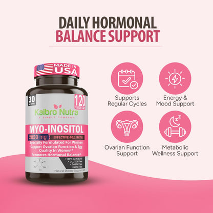 Kaibro Nutra Myo-Inositol Supplement, Myo-Inositol & D-Chiro Inositol 40:1 Ratio, Hormone Balance & Ovarian Support for Women with Vitamin B8, 2050mg, Vegan, Non-GMO Capsules 120 Count - Maple Wellness Supplements