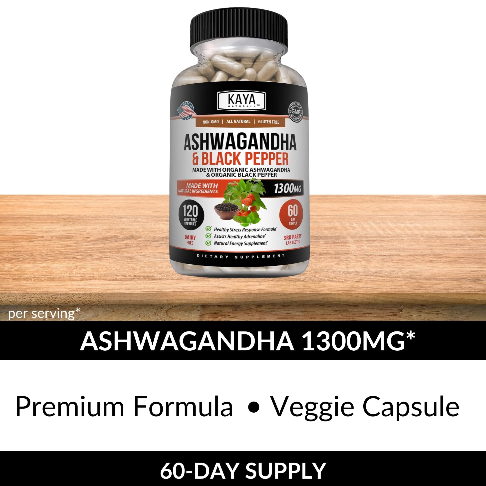 Kaya Naturals Ashwagandha 1300mg, 120 Count Capsules for Stress Relief, Adrenal, Mood & Thyroid Support, Black Pepper and 100% Pure Ashwagandha -120 Capsules - Maple Wellness Supplements