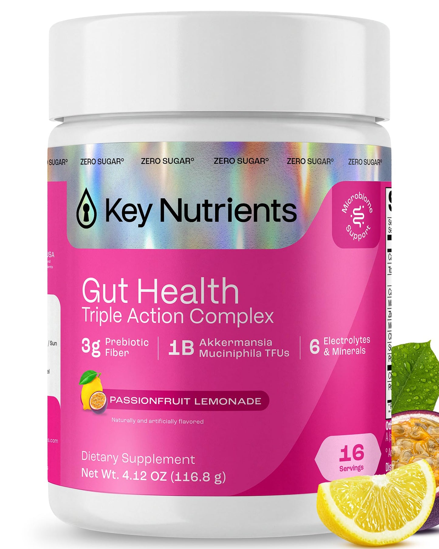 KEY NUTRIENTS Gut Health Hydration – Passionfruit Lemonade, Fiber Supplement with 3g Prebiotic Fiber & Akkermansia Probiotics for Women and Men - Maple Wellness Supplements
