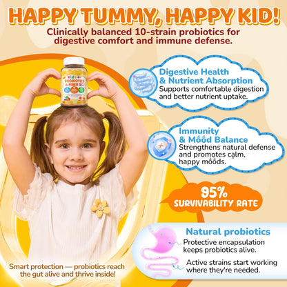 Kids Probiotic + Prebiotic Fiber Gummies 5G, 12 Billion CFU Probiotic & Veggie Fruit Fiber, w/ Organic Inulin, Methyl B12 B6 D3 C, Lutein for Children's Digestive & Gut, - Maple Wellness Supplements