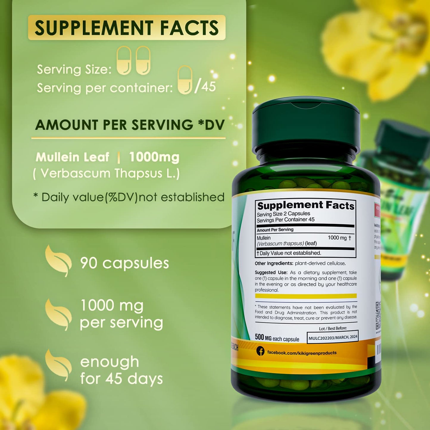 KIKI Green Mullein Leaf Extract Capsules - Herbal Respiratory Supplement - for Lung Cleans - Maple Wellness Supplements