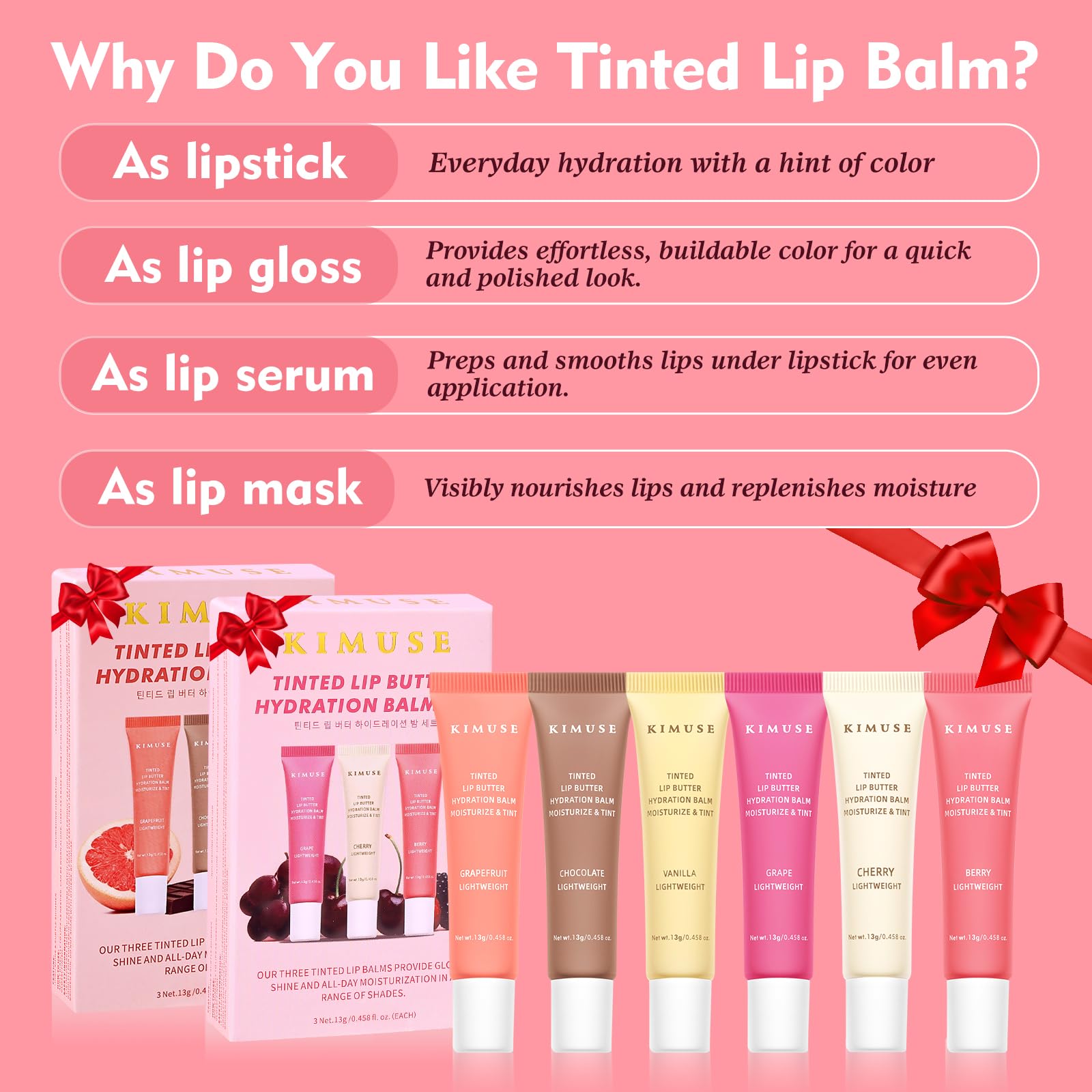 KIMUSE 6 Pcs Tinted Lip Butter Hydration Balm Set, 6 Flavored Shades Hydrating Plumping Gloss with Hyaluronic Acid & Vitamin E, Sheer Tint, Non-Sticky | Vegan Lip Care Makeup for Dry Lips & Daily - Maple Wellness Supplements