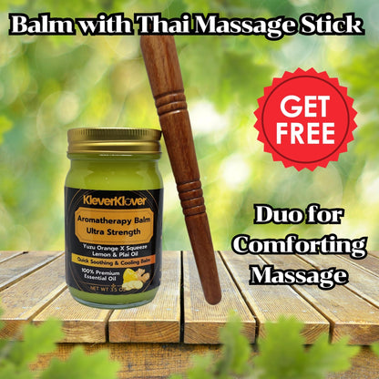 KleverKlover Back and Neck Aromatherapy Balm Ultra Strength for Healing Sore Muscle & Joint After Workout or Yoga - Plai Oil - Preservative Free- Citrus Scent + Free Massage Reflexology Wooden Stick - Maple Wellness Supplements