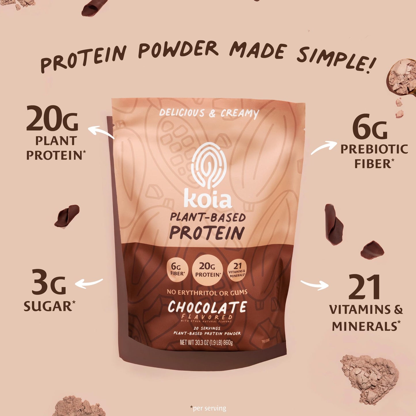 Koia Plant Based Protein Powder, Chocolate, 20g Protein, 3g Sugar, 6g Prebiotic Fiber, Pre & Post Workout, 21 Vitamins & Minerals, No Seed Oils, Dairy-Free, Gluten-Free, Non-GMO, 20 Servings, 30.3 Oz - Maple Wellness Supplements