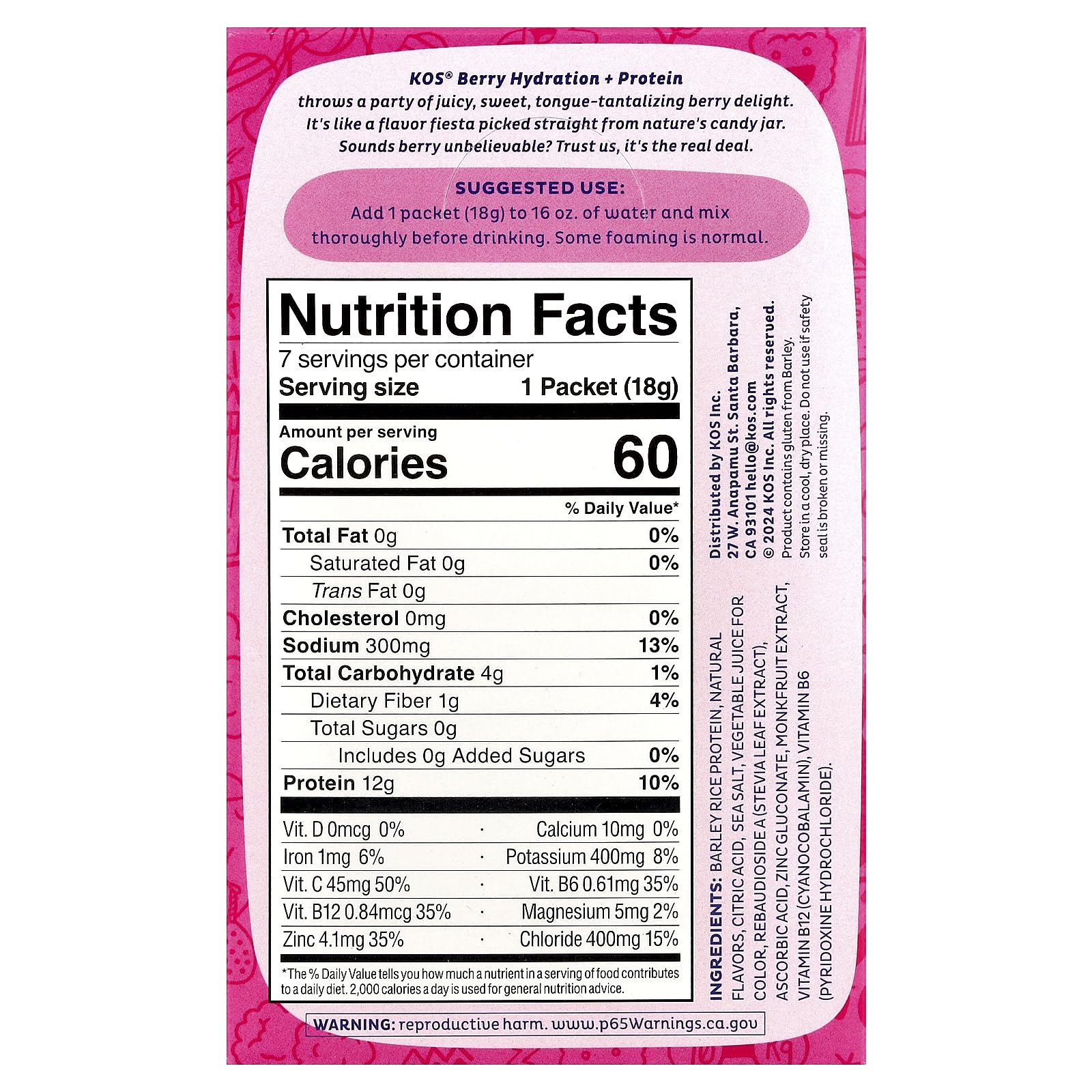 Kos Berry Hydration Protein 7ct, 0.65 OZ - Maple Wellness Supplements