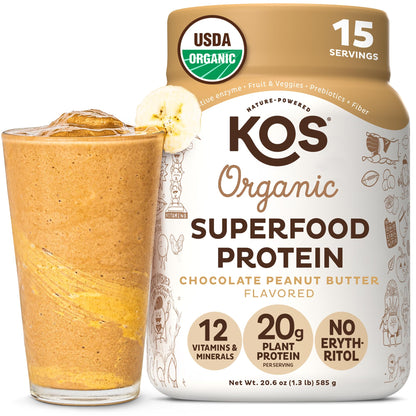 KOS Organic Plant Based Protein Powder, Chocolate Peanut Butter - Delicious Vegan Protein Powder - Keto Friendly, Gluten Free, Dairy Free & Soy Free - 15 Servings - Maple Wellness Supplements