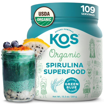 KOS Organic Spirulina Powder - USDA Certified Organic, 109 Servings of Superfood Powder for Smoothies & Juices, Non-Irradiated Blue Green Algae, Plant Based with Antioxidants, Vegan (13.5oz) - Maple Wellness Supplements