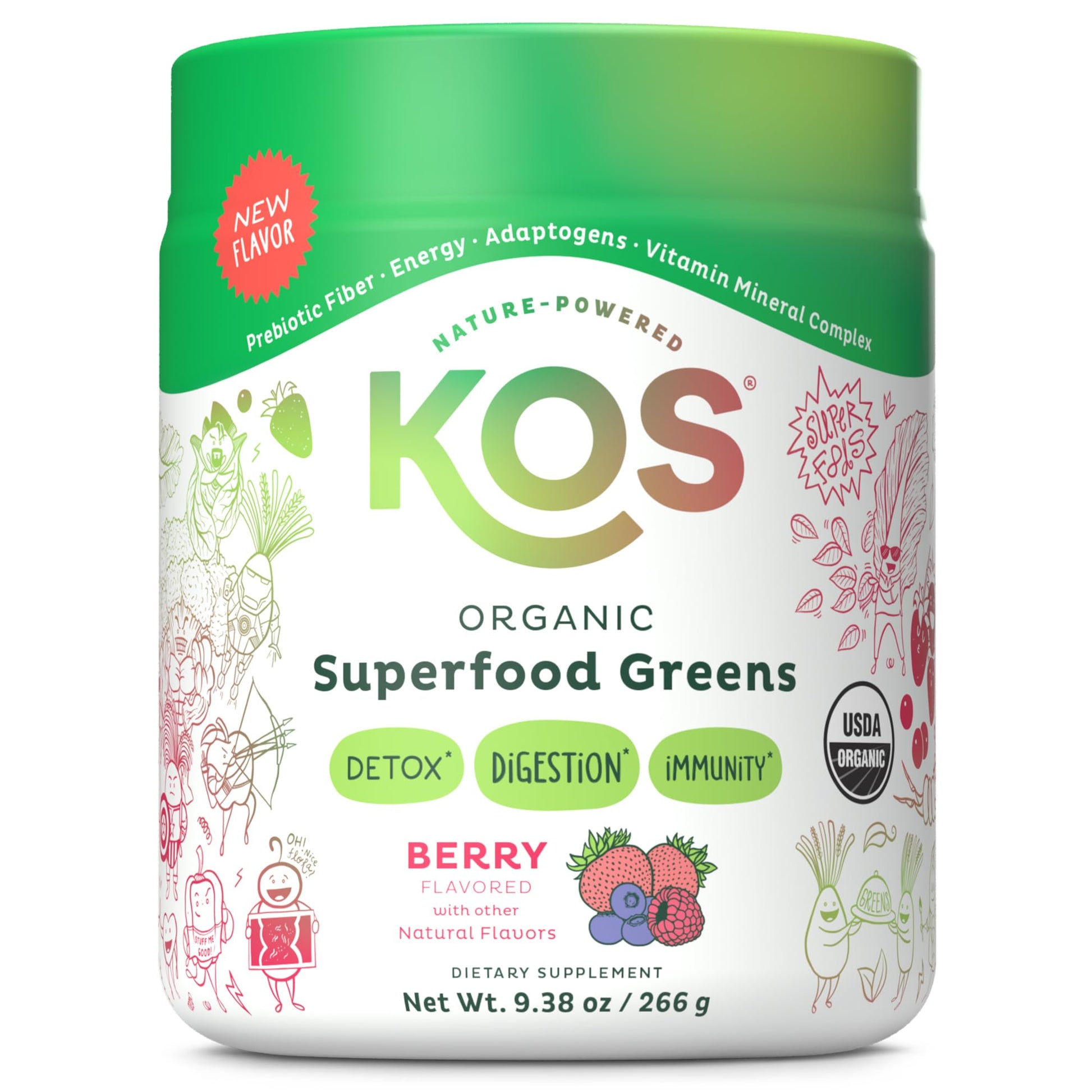 KOS Organic Superfood Greens Powder - Gut Health from Prebiotic Fiber, Supergreens and Adaptogens - USDA Certified Organic, Made in a GMP Certified Facility - 28 Servings Berry - Maple Wellness Supplements