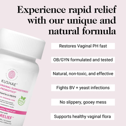 Kushae Boric Acid Suppositories + Rapid Relief, All Natural Female Suppositories with Probiotics & Aloe Vera, Relieves Discomfort & Balances pH Level Bottle Only 21 Capsules - Maple Wellness Supplements