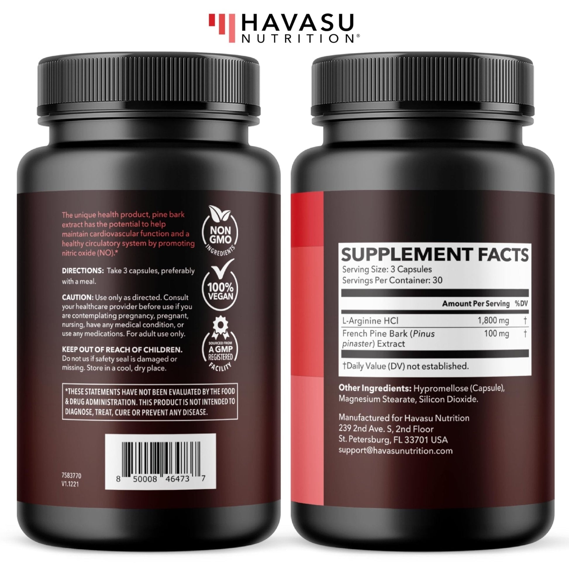 L-Arginine 1800mg and Pine Bark Extract 100mg - Nitric Oxide Supplement for Men - Performance Supplement for Men's Health - 90 Count - Endurance, Recovery Support - Maple Wellness Supplements