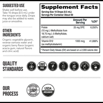 L Methyl Folate 15mg Plus Methyl B12 Cofactor – Organic Berry Flavor, High Potency Liquid Sublingual Active 5-MTHF Form - Supports Mood, Methylation - Maple Wellness Supplements
