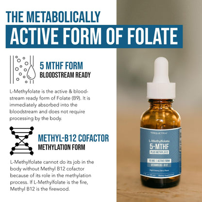 L Methyl Folate 15mg Plus Methyl B12 Cofactor – Organic Berry Flavor, High Potency Liquid Sublingual Active 5-MTHF Form - Supports Mood, Methylation - Maple Wellness Supplements