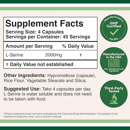 L-Serine Capsules (Third Party Tested) - 2,000mg Servings Used in Clinical Study, 180 Count, 500mg per Capsule (L Serine Amino Acid for Serotonin Production and Brain Support) by Double Wood - Maple Wellness Supplements