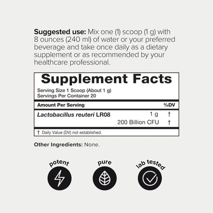 Lactobacillus Reuteri Powder – Ultra High Strength 200 Billion CFU Probiotic L Reuteri Supplement and Yogurt Starter – Third Party Tested Pure Single-Strain– Shelf-Stable – 20g - Maple Wellness Supplements
