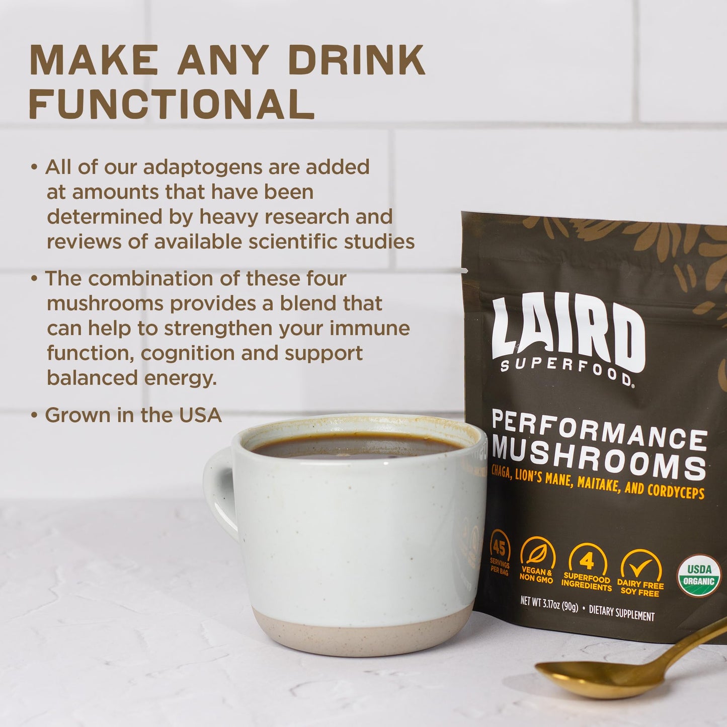 Laird Superfood Organic Performance Mushroom Blend with Chaga, Cordyceps, Lion's Mane and Maitake for Energy - Maple Wellness Supplements