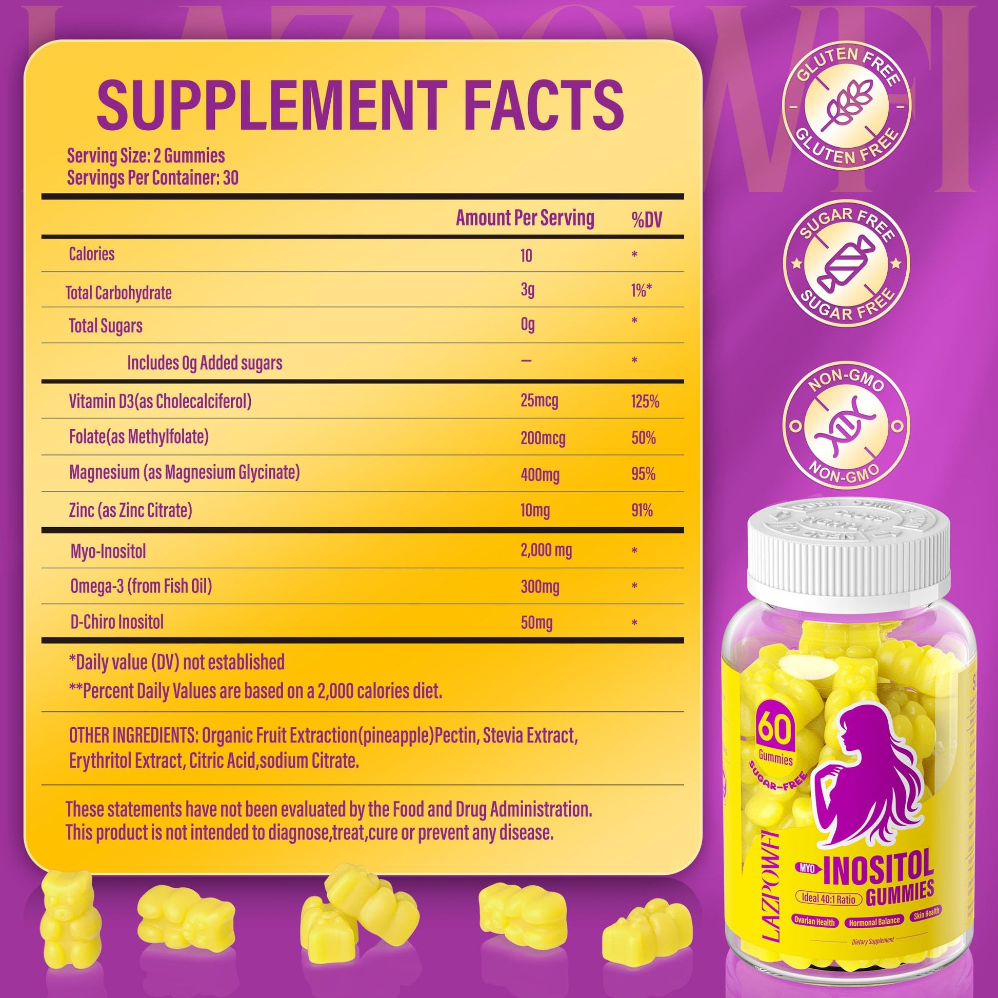 Lazpowfi Myo-Inositol & D-Chiro Inositol,Inositol Gummies with Vitamin D3, Magnesium Glycinate, Omega-3, Folate & Zinc, Inositol Supplement Menstrual Cycle for Women-40:1 Ratio-30 Day Supply - Maple Wellness Supplements