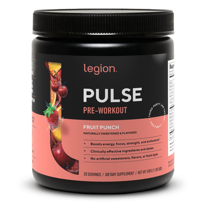 LEGION Pulse Pre Workout Supplement - All Natural Nitric Oxide Preworkout Drink to Boost Energy, Creatine Free, Naturally Sweetened, Beta Alanine, Citrulline, Alpha GPC (Fruit Punch) - Maple Wellness Supplements