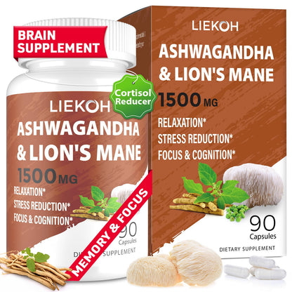 Liekoh Ashwagandha & Lions Mane Supplement Capsules, Brain Supplements for Memory and Focus, Ashwagandha Supplement with Rhodiola & Black Peppe, Cortisol Supplements for Women & Men,90 Caps - Maple Wellness Supplements